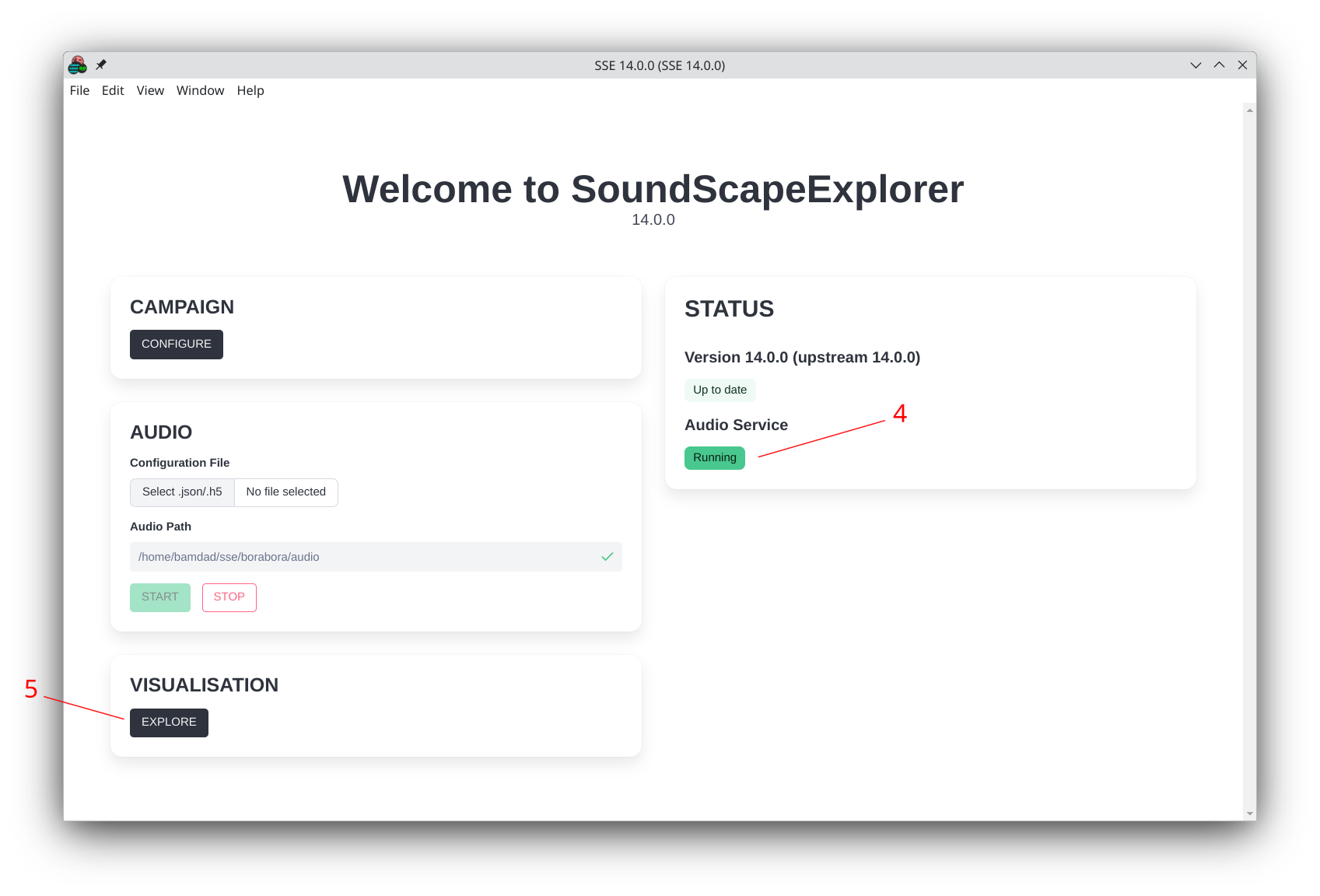 Standalone app default screen with audio engine
ON